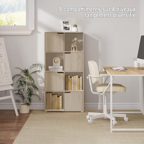 Woltu Bücherregal SK039hei - Lagerschrank mit 8 Fächern und 4 Türen - Spanplatte Eiche hell - 60x30x120 cm