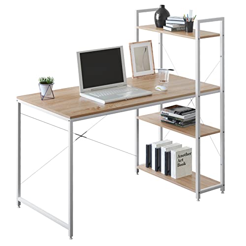 Woltu Computertisch Eiche hell + weiß mit 4 Ablagefächern - Geräumiger Arbeitsplatz 120x64 cm
