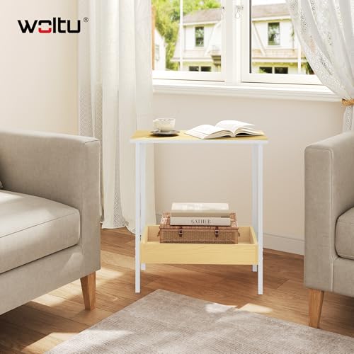 Woltu Beistelltisch BTS03nh - Couchtisch mit 2 Ablagen - Schwarzes Metall und Holzoptik - 50 x 55 x 25 cm