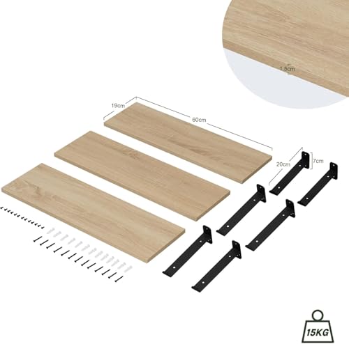 Eugad 3er-Set schwebende Wandregale im Retro-Stil - Schwarz und helles Holz - 60 x 20 x 7 cm