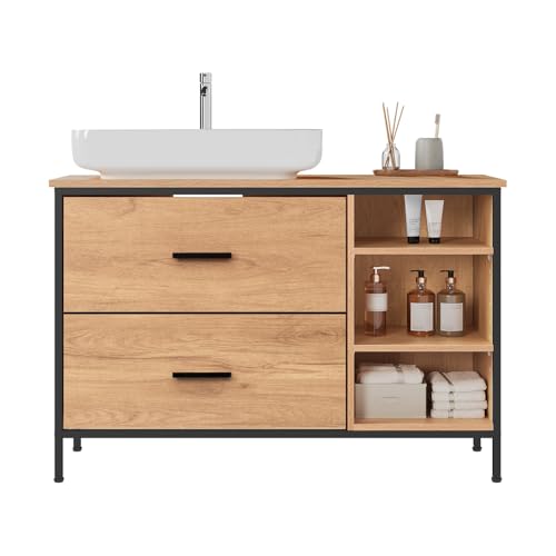 Eugad Badezimmerschrank mit 2 Schubladen und 3 offenen Fächern Eiche hell - Schwarz 90 x 30 x 60 cm
