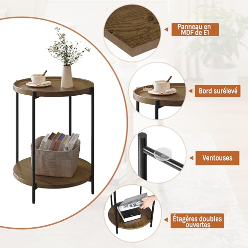 Woltu Runder Couchtisch mit 2 Ablagen und abnehmbarem Tablett Vintage Holzoptik