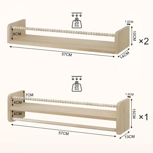 Woltu Montessori Wandregale für Kinderzimmer 60 cm Naturholz 3er Set