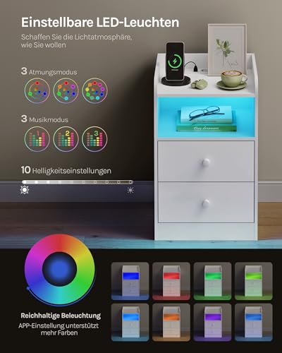 Woltu Nachttisch mit LED-Beleuchtung und Steckdose Weiß 40 x 35 x 64 cm