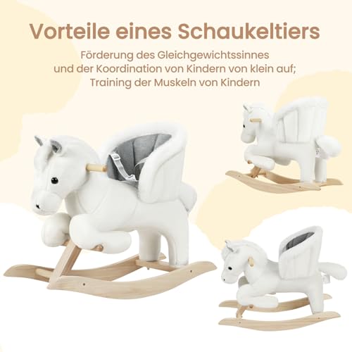 Woltu Schaukelpferd mit Sound und Sicherheitsgurt - Weiß und Grau - Plüschpolsterung