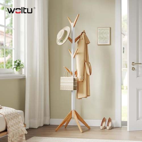 Woltu Garderobe mit 8 Haken Weiß und Natur 180 cm