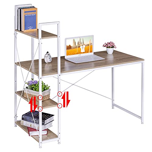 Woltu Computertisch Eiche hell + weiß mit 4 Ablagefächern - Geräumiger Arbeitsplatz 120x64 cm