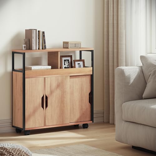Eugad Schmaler Badezimmerschrank mit 2 offenen Fächern und verstellbarem Einlegeboden Eiche Schwarz 70 x 71,5 x 20 cm