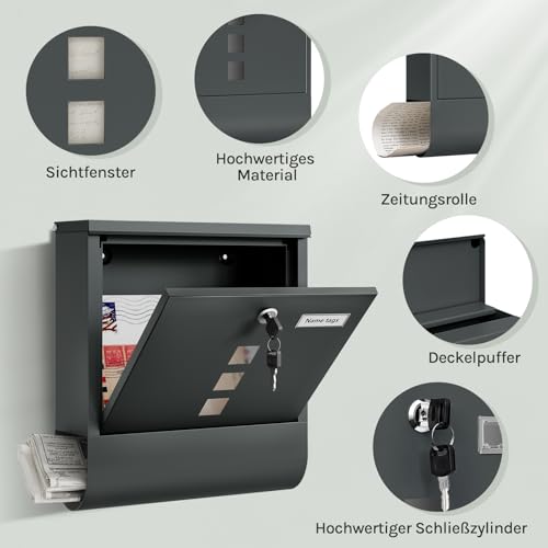 Woltu Briefkasten mit Zeitungsablage - Anthrazit - 10 x 30,8 x 33,8 cm