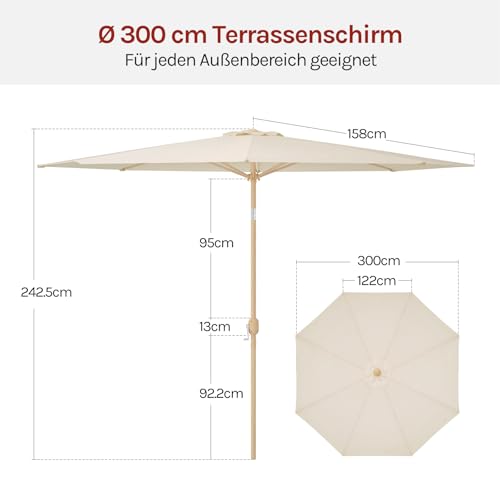 Woltu Sonnenschirm 300 cm Beige - UPF 50+ Sonnenschutz mit Kippfunktion und Verschluss mit Schlauch