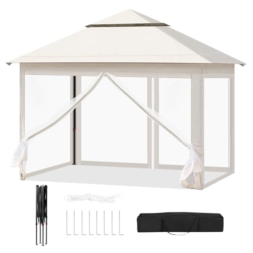 Woltu Faltbarer Gartenpavillon mit abnehmbarem Moskitonetz Fans Beige 3 x 3 m