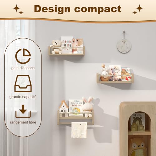 Woltu Kinder-Wandregal 3er-Set - Massivholz - 40 cm - mit Holzperlen - sicher und praktisch