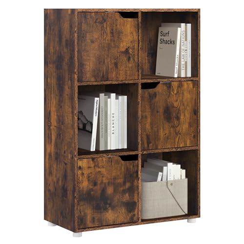 Woltu Bücherregal SK001vbn 6 Fächer mit Türen - Holzschrank Rustikales Braun - 59,7 x 29 x 91 cm