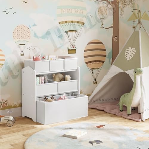 Lestarain Kinderregal mit 9 Aufbewahrungsboxen - Spielzeugschrank für das Kinderzimmer - Weiß - 63 x 60 x 30 cm