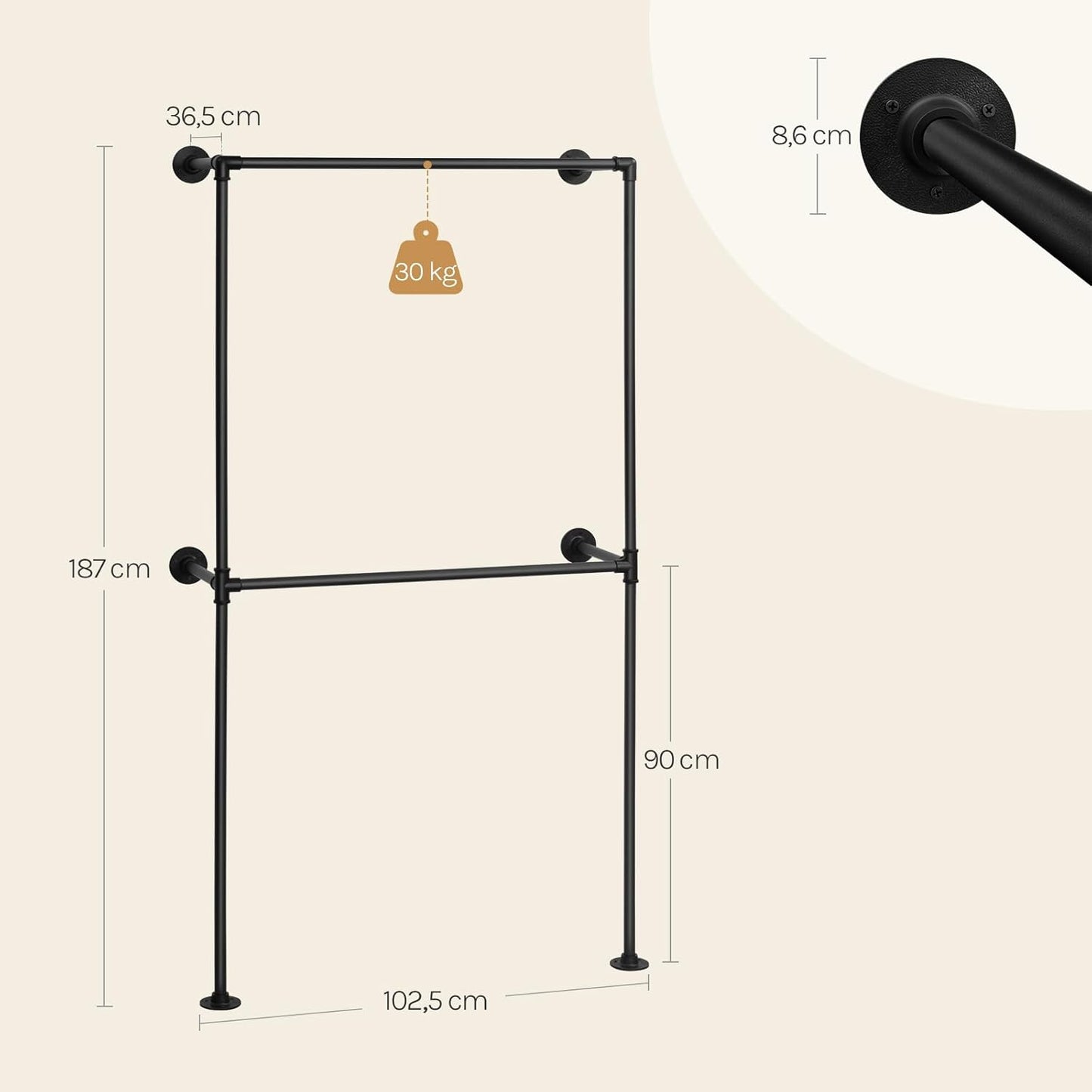 Woltu Kleiderständer mit Rädern und verstellbarer Stange - Weiß - 92,5-132,5 cm