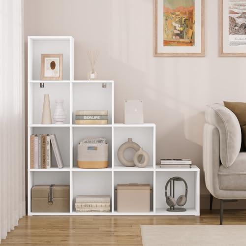 Woltu Bücherregal Stufenregal mit 10 Fächern Weiß 120 x 30 x 120 cm