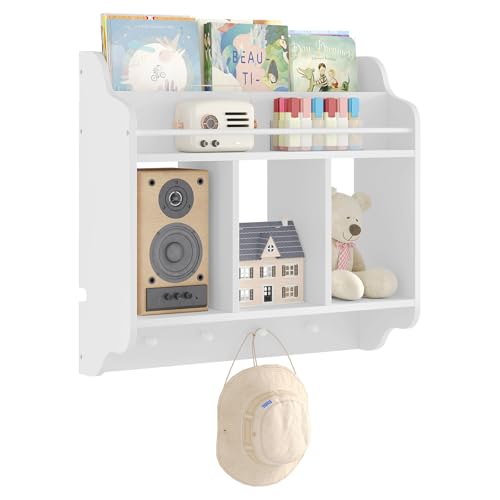 Woltu Kinder-Wandregal mit 3 offenen Fächern und 4 Haken Weiß 60x57x20 cm
