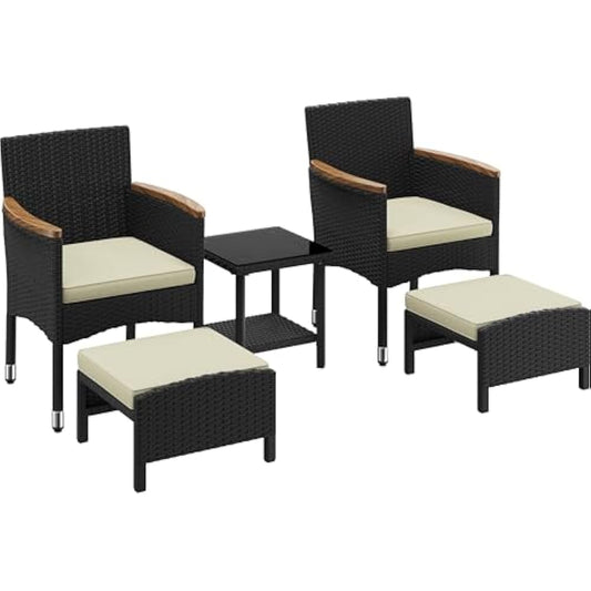 Yaheetech 5-teiliges Lounge Set Schwarz/Beige - PE Rattan - Stuhl 62 x 61,5 x 84,5 cm - Mit Tisch und Fußhockern