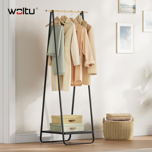 Woltu Kleiderständer mit Schuhregal - Schwarzes Metall und Bambus - 54 x 45 x 141 cm