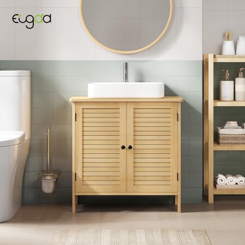 Eugad Badezimmerschrank Bambus mit 2 Türen - Stehender Wäscheschrank - Bambus/Natur - 60 x 30 x 60 cm