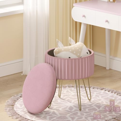 Woltu Pouf Mit Lagerung - Runder Samt Hocker Hellrosa 31,5x37,5 cm