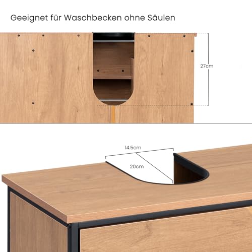 Eugad Badezimmerschrank mit 2 Schubladen und 3 offenen Fächern Eiche hell - Schwarz 90 x 30 x 60 cm