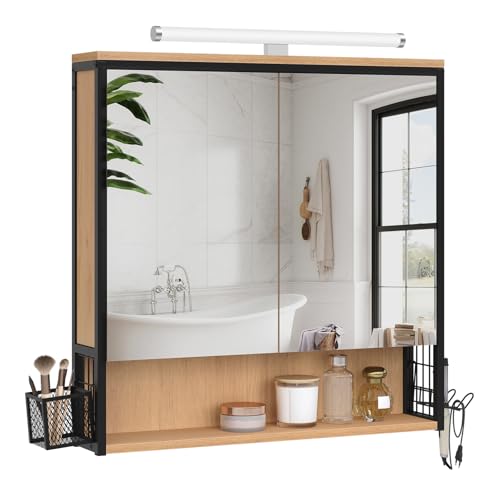 Eugad Badezimmerschrank mit Spiegel und Beleuchtung Schwarz Hell Eiche 70x70x14,5 cm