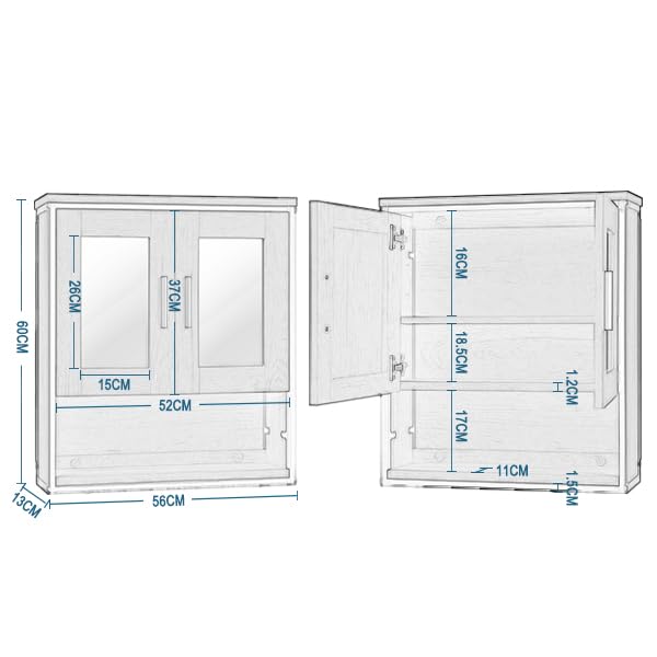 Eugad Badezimmerschrank mit 2 Türen und Spiegel Eiche hell 56 x 13 x 60 cm