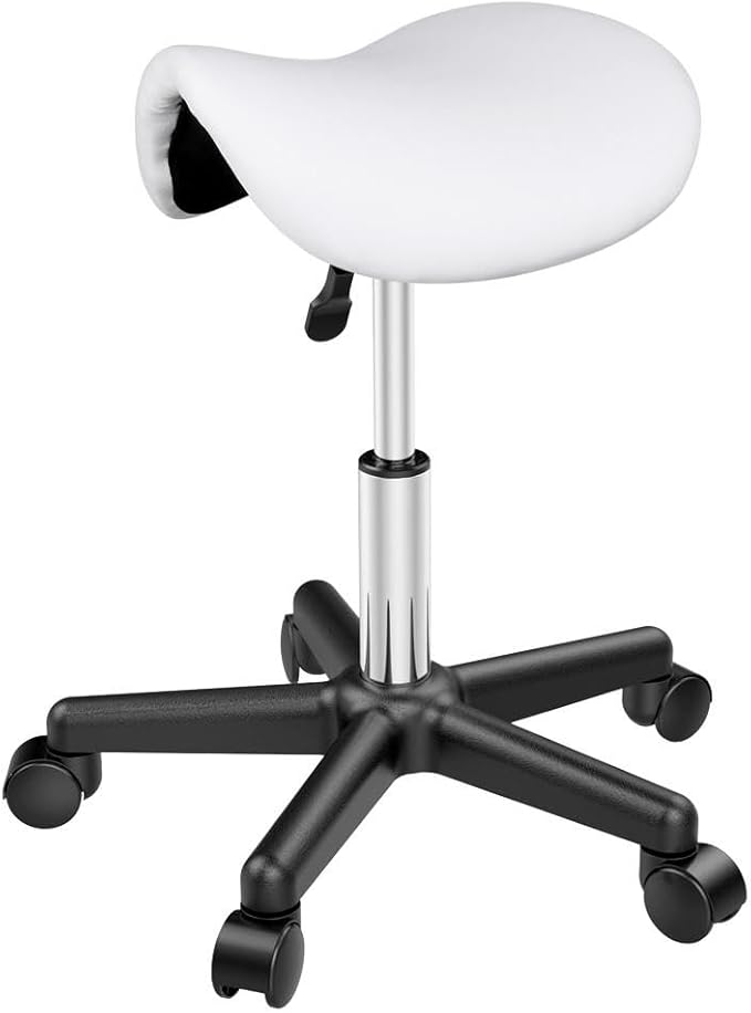 Yaheetech Saddle Stool - Mobiler Hocker - Sattelsitz - höhenverstellbar - 5 Räder - Weiß