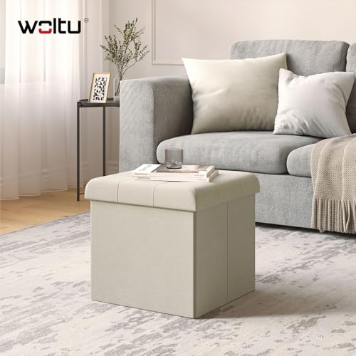 Woltu Klappbarer Hocker mit Stauraum - Cremeweiß - 37,5 x 37,5 x 38 cm