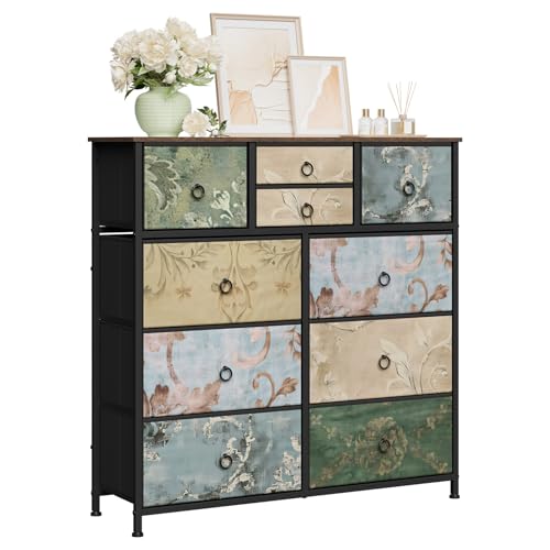 Woltu Kommode mit 10 Schubladen Vintage-Blumenmotiv - Braun - 100 x 100 x 30 cm