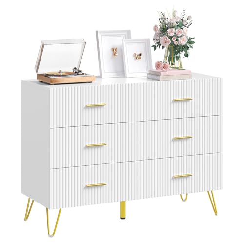 Woltu Kommode mit 6 Schubladen Weiß mit goldenen Metallfüßen 100 x 40 x 75 cm