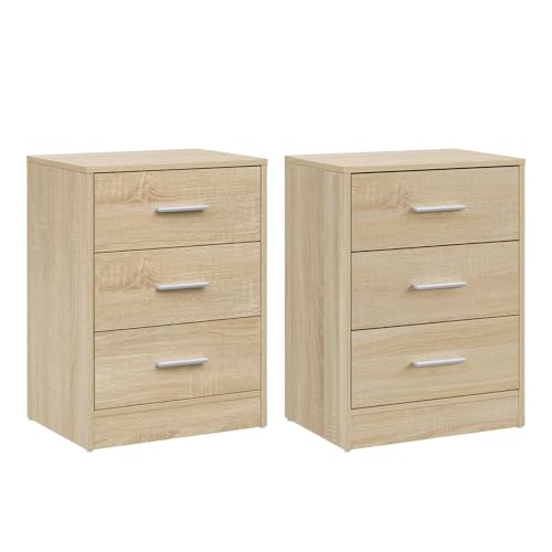 Woltu 2er-Set Nachttische mit 3 Schubladen – Helles Eiche – 39 x 54 x 28 cm