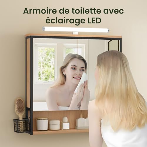Eugad Badezimmerschrank mit LED-Spiegelleuchte Eiche Schwarz 70 x 14,5 x 70 cm
