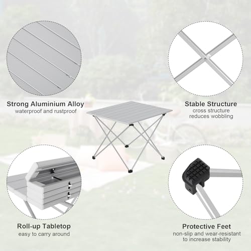 Woltu Picknick-Tisch Camping Tisch faltbar - Aluminium Silber - 56x46x40 cm
