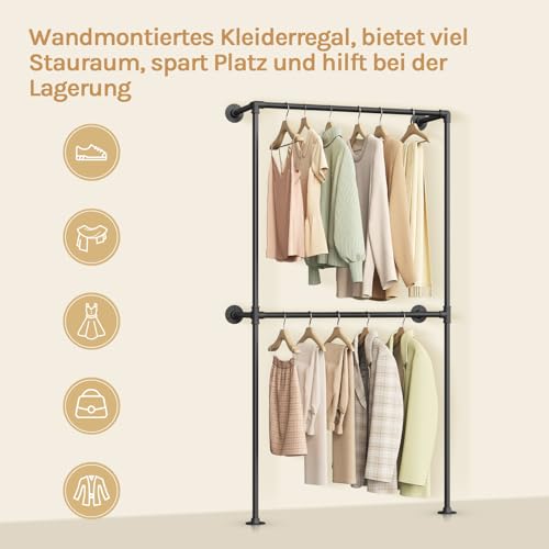 Woltu Offener Wandschrank Industrial Schwarz - Wandgarderobe mit 2 Stangen 102,5 x 187 x 36,5 cm