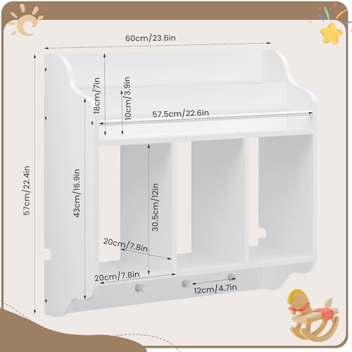 Woltu Kinder-Wandregal mit 3 offenen Fächern und 4 Haken Weiß 60x57x20 cm
