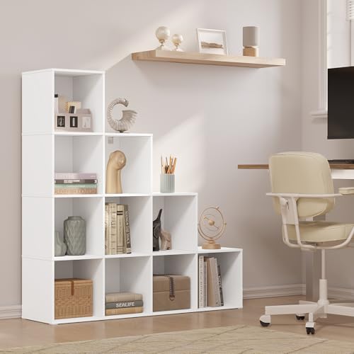 Woltu Bücherregal Stufenregal mit 10 Fächern Weiß 120 x 30 x 120 cm