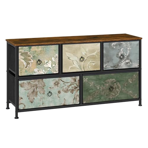 WOLTU Schubladenschrank Vintage Floral Motif - Aufbewahrungsschrank mit 5 Stoffschubladen und Metallrahmen - 100 x 30 x 54 cm