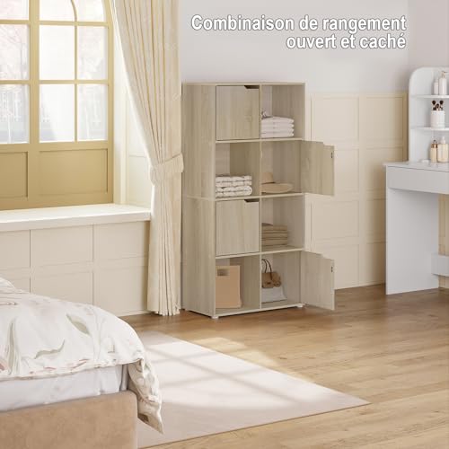 Woltu Bücherregal SK039hei - Lagerschrank mit 8 Fächern und 4 Türen - Spanplatte Eiche hell - 60x30x120 cm