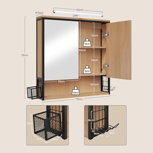 Eugad Badezimmerschrank mit Spiegel und Beleuchtung Schwarz Hell Eiche 70x70x14,5 cm