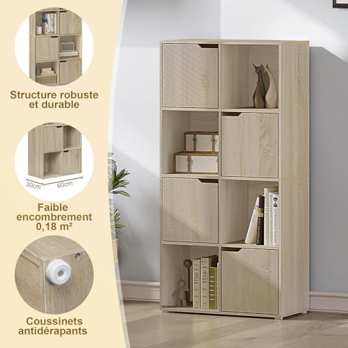 Woltu Bücherregal SK039hei - Lagerschrank mit 8 Fächern und 4 Türen - Spanplatte Eiche hell - 60x30x120 cm