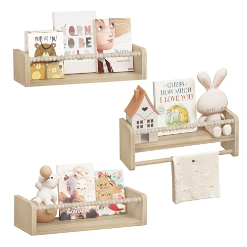 Woltu Kinder-Wandregal 3er-Set - Massivholz - 40 cm - mit Holzperlen - sicher und praktisch