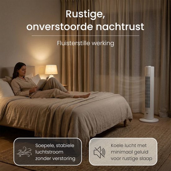 Energieeffizienter Ventilator – Turmventilator mit 3 Gebläsestufen und Schwenkfunktion – Schlafzimmer – Weiß – JAP Quebec