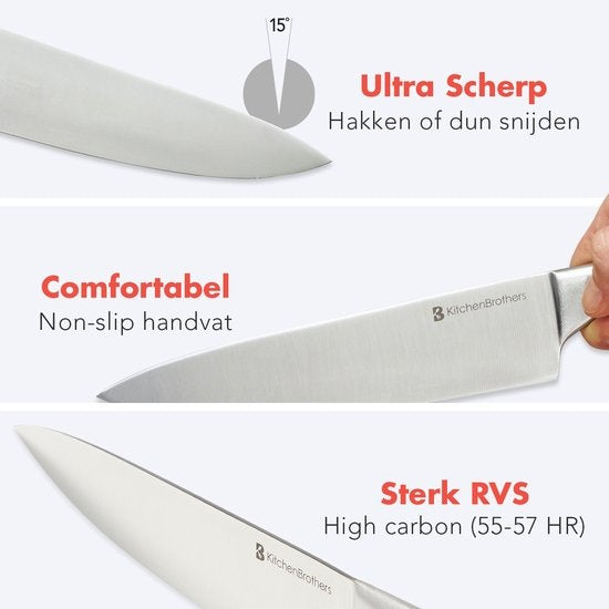 KitchenBrothers Messerset - Messerblock - 16-teilig - mit Schere und Wetzstahl - Silber/Edelstahl