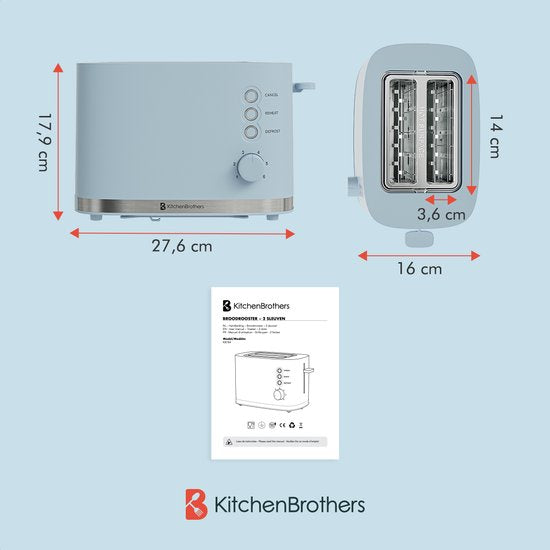 KitchenBrothers Toaster - Toaster - 6 einstellbare Wärmestufen - 2 extra breite Schlitze - 870W - Pastellblau