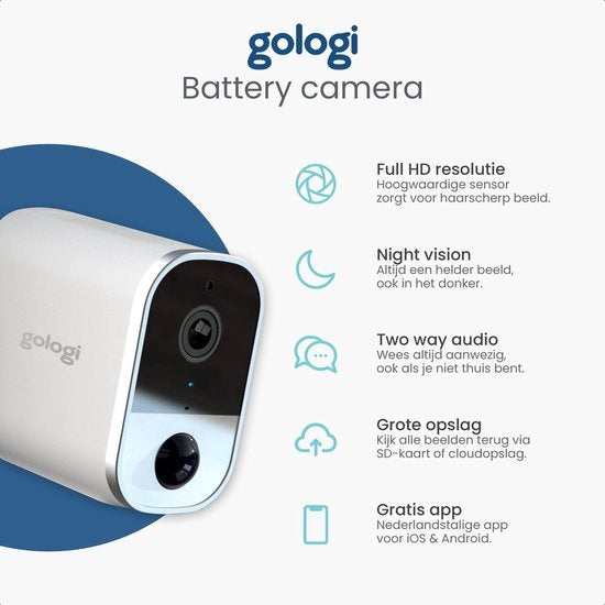 Gologi kabellose Kamera auf Batterie - Sicherheitskamera - Mit Nachtsicht - WiFi-Kamera - Sicherheitskamera - Wiederaufladbar - Niederländischsprachige App - Weiß