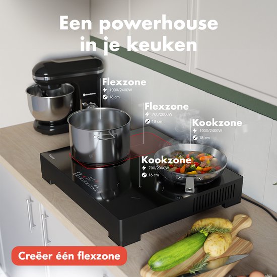 KitchenBrothers Induktionskochfeld - Freistehendes Induktionskochfeld - 60 cm - 4 Zonen - 1x Flexzone - 1 Phase - bis zu 3500W - Schwarz