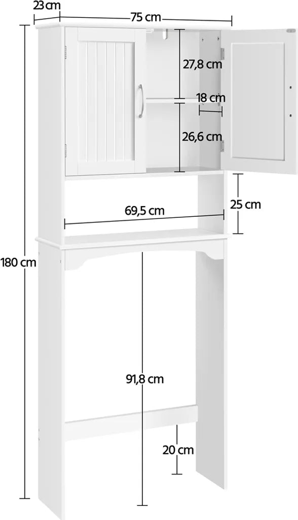 Yaheetech Badezimmerschrank 75 x 23 x 180 cm – Weiß – Aufsatzschrank für Toilette oder Waschmaschine mit verstellbarem Einlegeboden