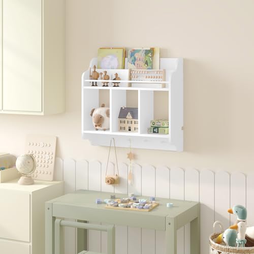 Woltu Kinder-Wandregal mit 3 offenen Fächern und 4 Haken Weiß 60x57x20 cm